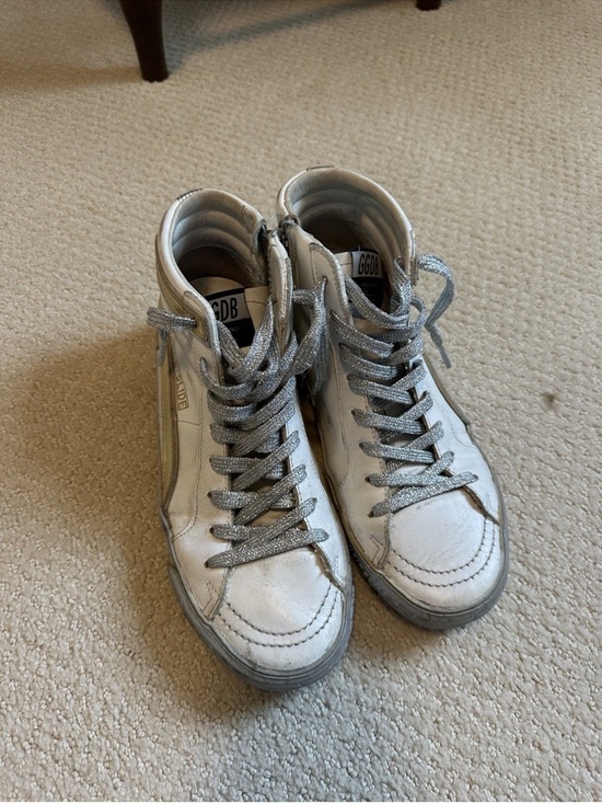 Golden Goose Shoes - Golden Goose White and Gold High-Top Sneakers with Glitter Laces Size 38